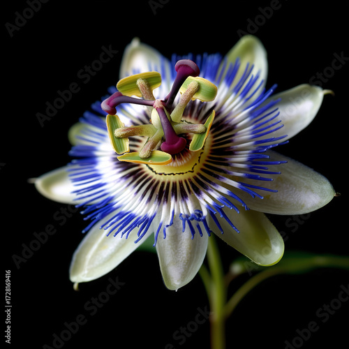 A high-resolution front view of a mburucuya flower on a black background, with some decorative green petals emerging from beneath the flower. This decorative image is isolated from its natural environ