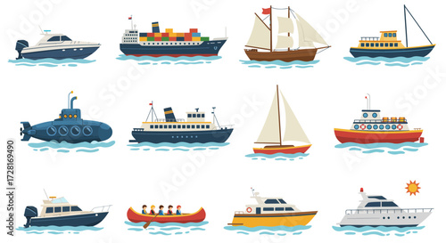Twelve distinct illustrations of boats and ships floating on blue water
