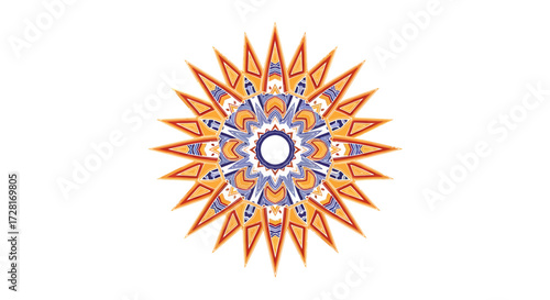 Abstract Sun Mandala Vector Design with Symmetrical Rays and Intricate Patterns, a Vibrant Graphic Element for Spiritual and Decorative Projects, ideal for branding or creative backgrounds