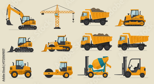 Twelve yellow construction vehicles arranged in a grid on a beige background