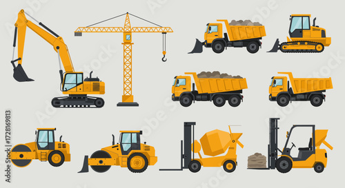 Yellow construction vehicles and a tower crane against a light gray background