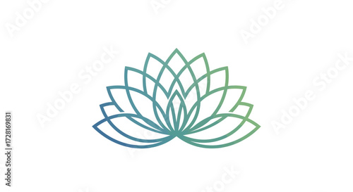 Abstract vector lotus flower logo, symmetrical and elegant, with intricate geometric lines in a soothing blue and green gradient, ideal for branding related to wellness, beauty, and spirituality
