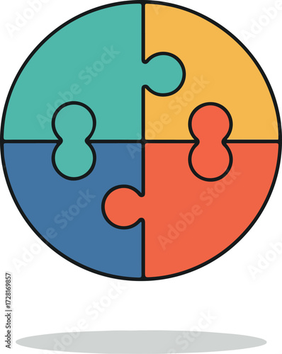 Colorful puzzle pieces arranged in a circular pattern representing teamwork.