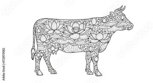 Intricate Line Art Illustration of a Sacred Cow Adorned with Beautiful Lotus Flower and Mandala Patterns, Evoking Spiritual Serenity and Artistic Beauty