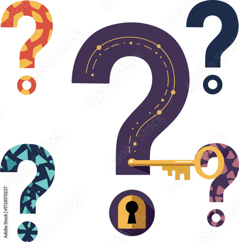 Intriguing question mark symbols with key and lock representing mystery and solutions.