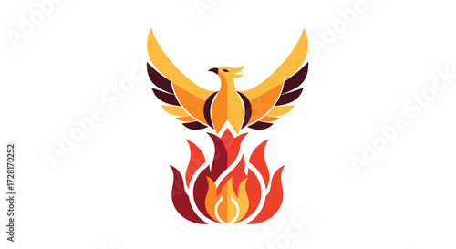 Flat vector illustration of a majestic phoenix creature emerging from fiery flames, symbolizing strength, transformation, and rebirth