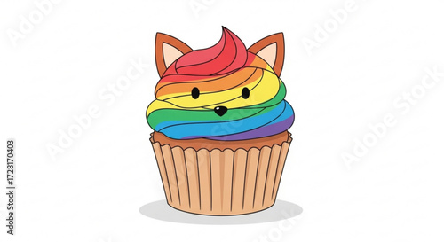 A delightful rainbow cupcake with adorable cat ears, a sweet treat that combines cuteness and colorful deliciousness