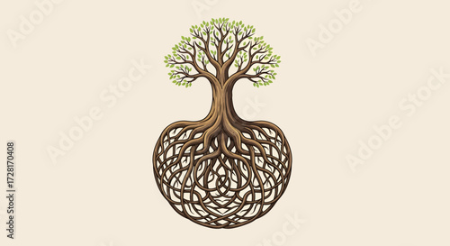 Elegant flat vector illustration depicting a stylized tree with lush green leaves and an incredibly intricate, globe-shaped root system, symbolizing life, growth, and natural interconnectedness