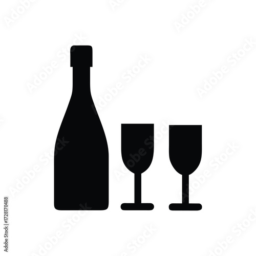 Black silhouette of champagne bottle and two glasses