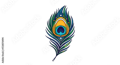 Stylized peacock feather vector graphic featuring vivid blue, green, and gold colors, showcasing intricate natural patterns, suitable for elegant design projects and symbolic artwork