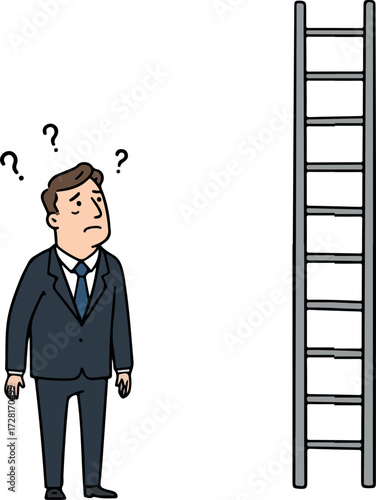 Confused businessman contemplating climbing the tall ladder for success.