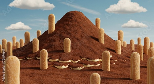 Artistic Miniature World Built from Bakery Ingredients Showcasing a Textured Cocoa Volcano and Crispy Cookie Trees
