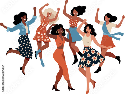 Joyful women dancing together celebrating friendship and happiness in unison.