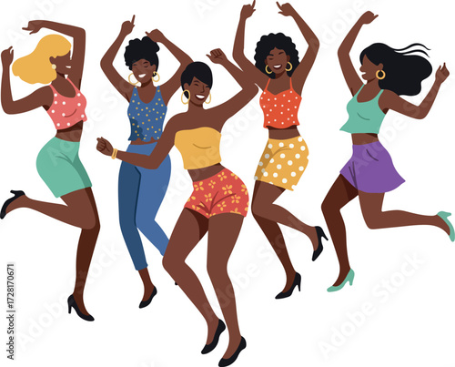 Joyful women dancing together in vibrant outfits celebrating life and happiness.