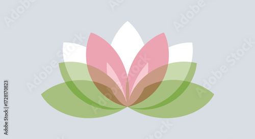 Serene minimalist lotus flower vector illustration featuring gracefully overlapping petals in soft pink, green, and white hues, evoking a sense of tranquility, peace, and natural beauty