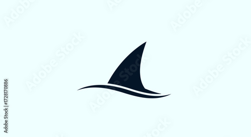 Minimalist vector logo design featuring a sleek dark shark fin elegantly cutting through a stylized ocean wave, symbolizing marine power, speed, and adventure in a modern, abstract graphic