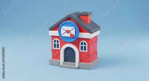 Charming red house with a love letter sign isolated on blue background, symbolizing affection, communication, and the warmth of home in a delightful design