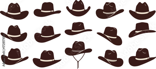 Cowboy hats collection various angles and styles brown and white.