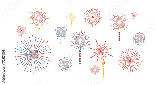 Colorful vector fireworks bursts and explosions in a modern flat design style, illustrating festive celebrations, national events, and dazzling night sky displays on a clean white background