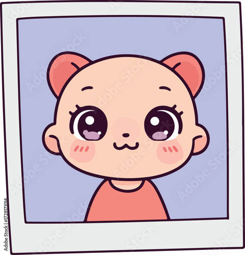 Cute cartoon character with big eyes and pink cheeks in a frame.