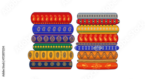Colorful traditional Indian bangles vector illustration, stacked high with intricate ethnic patterns, a vibrant collection of fashion accessories in a clean flat graphic design on white