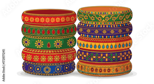 Vector illustration of two vibrant stacks of traditional cultural bangles, adorned with intricate patterns and rich colors, reflecting ethnic elegance
