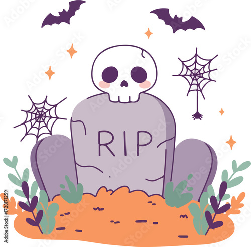 Cute Halloween grave with skull and RIP inscription spooky holiday.