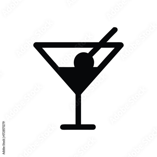 Black silhouette of a martini glass with olive on white Keywords: martini, cocktail, drink