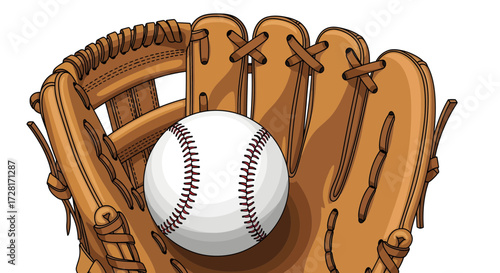 Vibrant vector illustration featuring a classic brown leather baseball glove cradling a white baseball, perfect for sports themes and game designs
