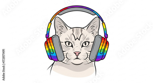 A cute cat wearing rainbow headphones, , enjoying music with style and flair, a fun and playful illustration