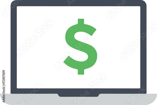 Laptop screen displaying a large green dollar sign representing online finance.