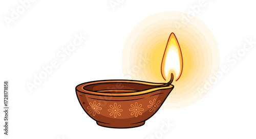 Traditional Indian Diya Lamp Vector Illustration with a Warm Glowing Flame, Symbolizing Cultural Celebration, Light, and Hope on a White Background