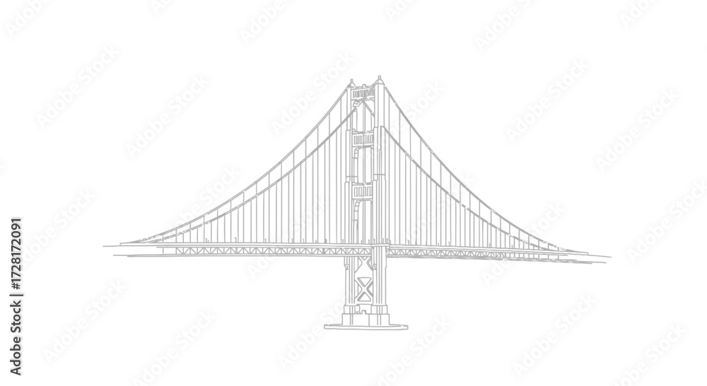 Fototapeta premium Elegant vector outline of an iconic suspension bridge, rendered with precision and minimalist aesthetic on a pristine white background, showcasing engineering beauty