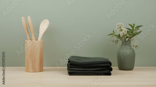 Minimalist kitchen counter with wooden utensils, neatly folded dark towels, and a ceramic vase of fresh green foliage on a light wood surface against soft sage wall