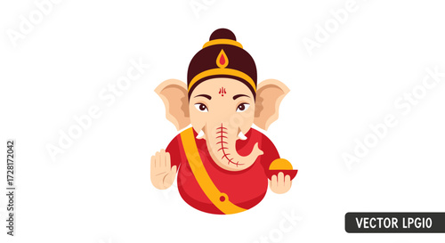 Simplified vector cartoon of Ganesha, the Hindu elephant-headed deity, holding sweets. Isolated on white for spiritual, cultural, and festive design projects