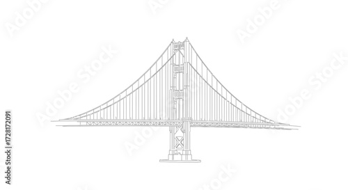 Elegant vector outline of an iconic suspension bridge, rendered with precision and minimalist aesthetic on a pristine white background, showcasing engineering beauty