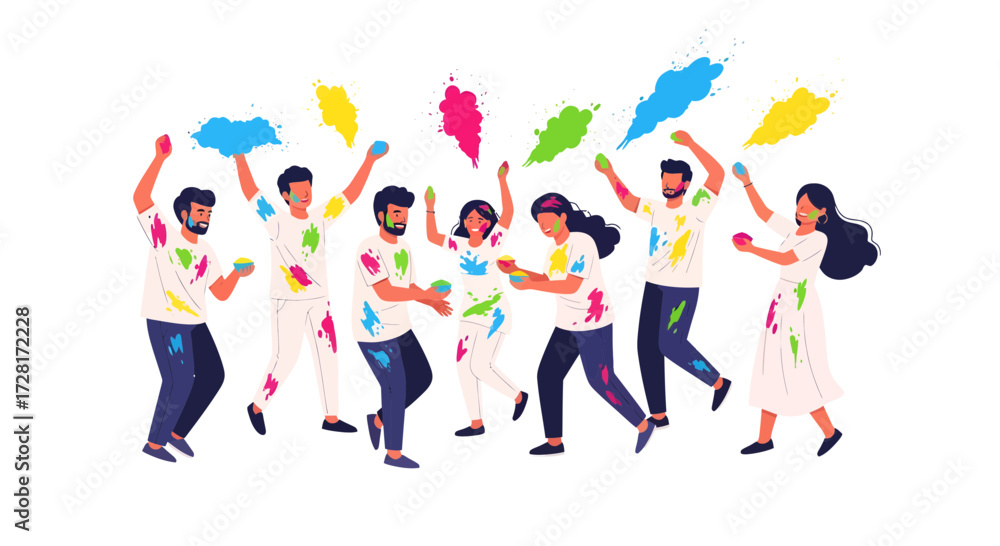 Fototapeta premium Vibrant festival celebration with cheerful diverse group throwing colorful powder, flat vector illustration on white background, depicting joy and cultural festivities