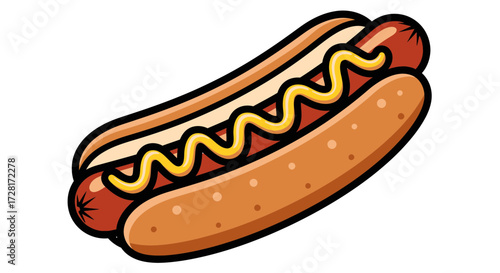 Bold vector illustration of a classic hotdog, featuring a grilled sausage in a soft bun, topped with yellow mustard, isolated on a white background