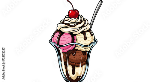 Vector illustration of a delicious ice cream sundae dessert, with whipped cream and cherry, served in a glass dish on a clean white background