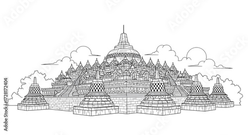 Vector illustration of a majestic ancient temple complex, a historical landmark with intricate traditional architecture and serene spiritual elements, in a clean line art style