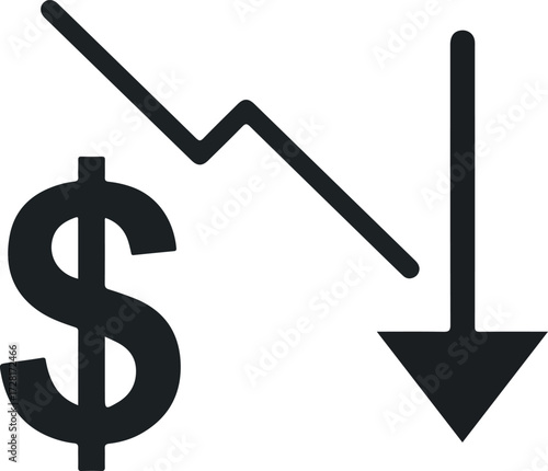 Dollar sign with downward trend line indicating financial decline and loss.