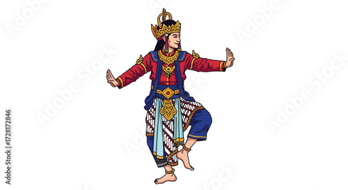 Vector illustration of a traditional cultural dancer in an elaborate costume, showcasing a graceful performance pose against a clean, isolated white background