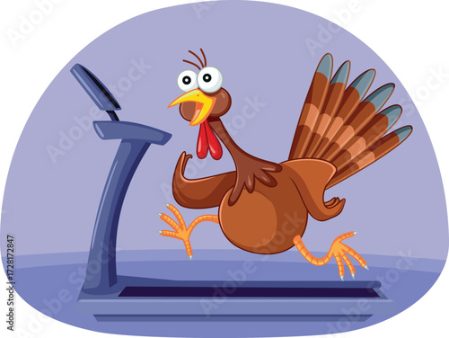 Funny Thanksgiving Turkey Runs on Treadmill Vector Cartoon. Stressed bird running in a gym recovering after holidays 
