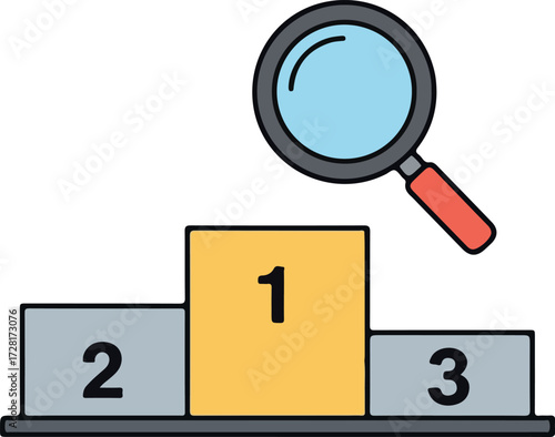Magnifying glass over podium representing ranking and search results.