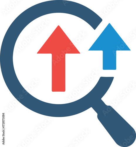 Magnifying glass with arrows pointing upwards representing growth and analysis.