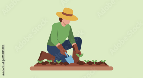 Gardener planting seedlings in the garden with a trowel and gloves.