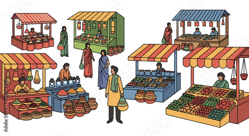 Vibrant Indian Street Market Illustration Featuring Bustling Stalls, Diverse Vendors, and a Rich Array of Colorful Cultural Goods and Fresh Produce