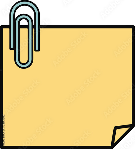 Vector illustration of a blank yellow sticky note with a light blue paperclip, a simple office supply graphic for reminders and messages