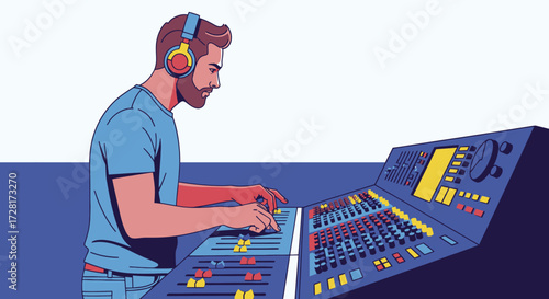 Man Adjusting Audio Mixer in Recording Studio.