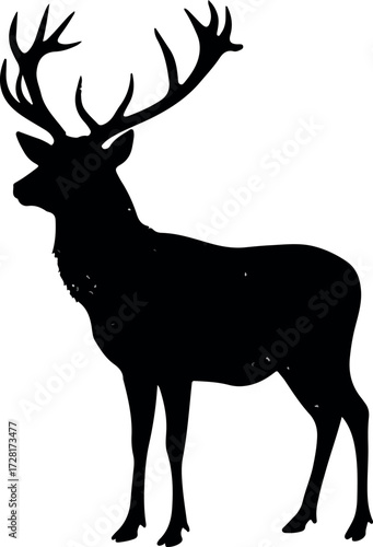 Majestic stag silhouette stands tall showcasing impressive antlers against white backdrop.